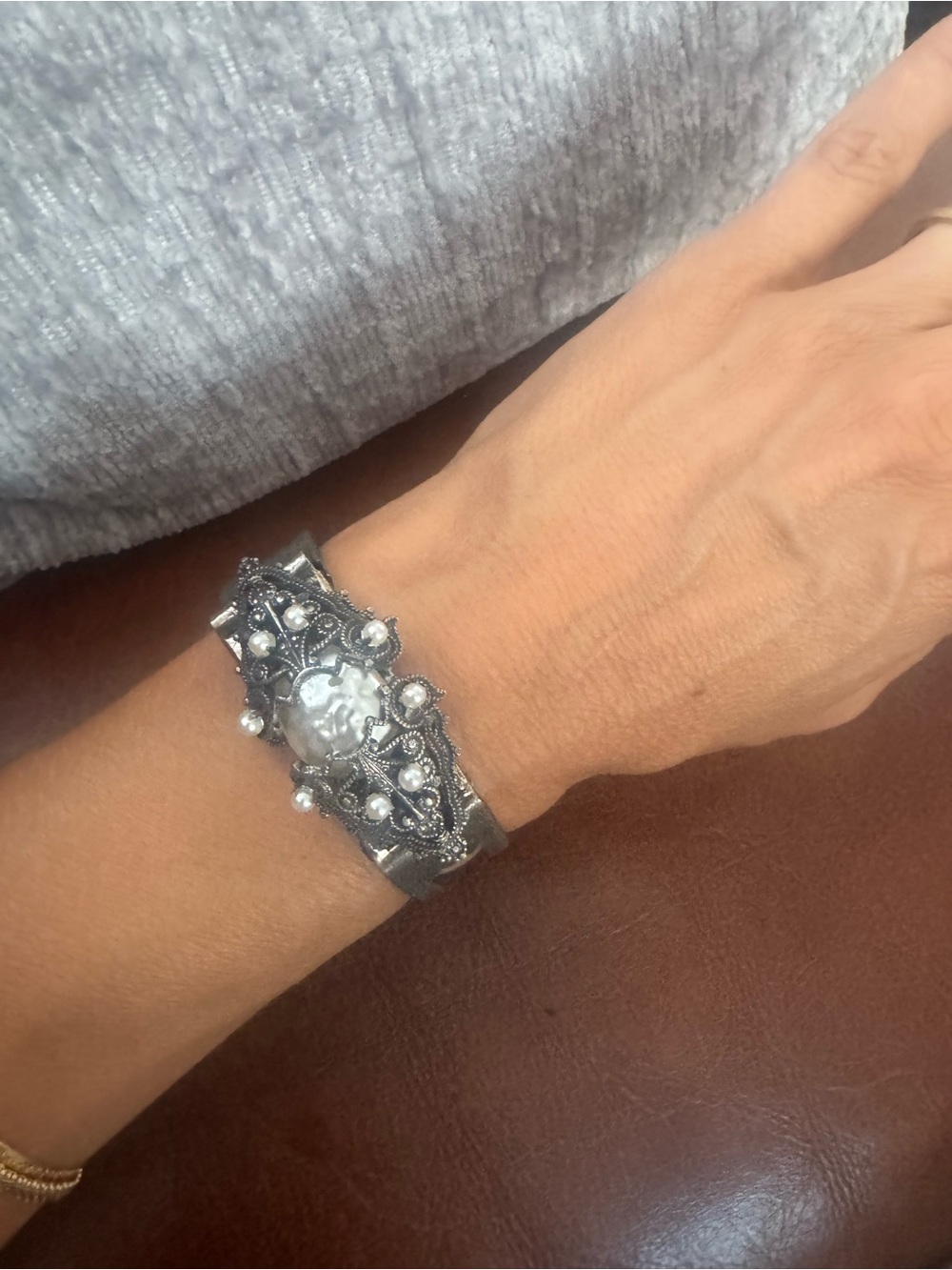 Miriam Haskell Silver-Tone Pearl Filigree Cuff Bracelet